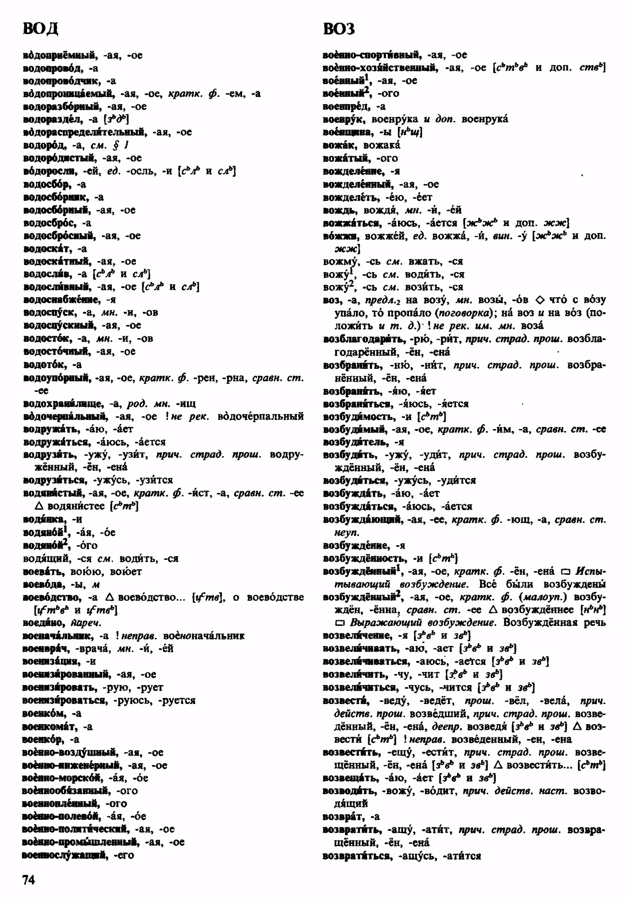 Скан печатной страницы 74 орфоэпического словаря Аванесова 1983 года с изображением текста
