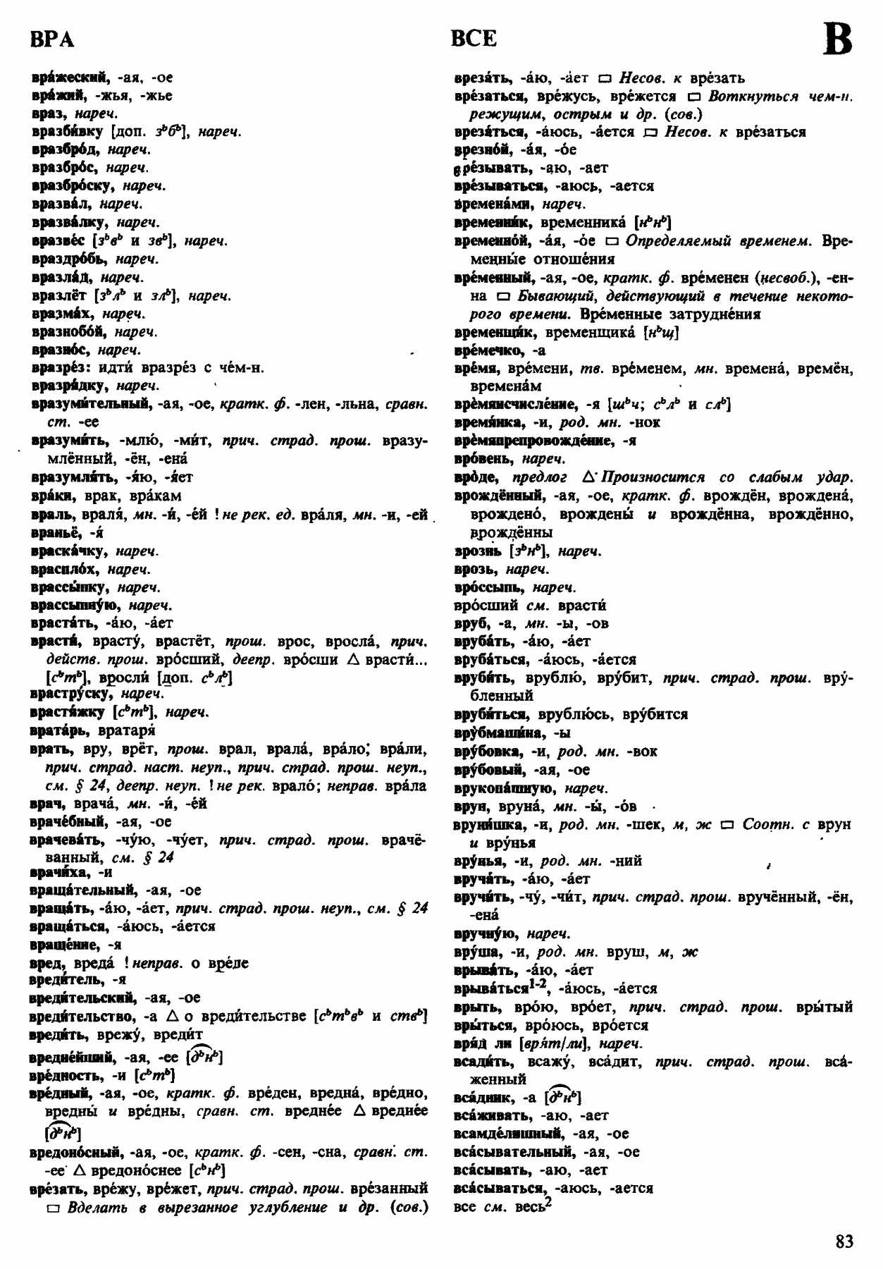Скан печатной страницы 83 орфоэпического словаря Аванесова 1983 года с изображением текста