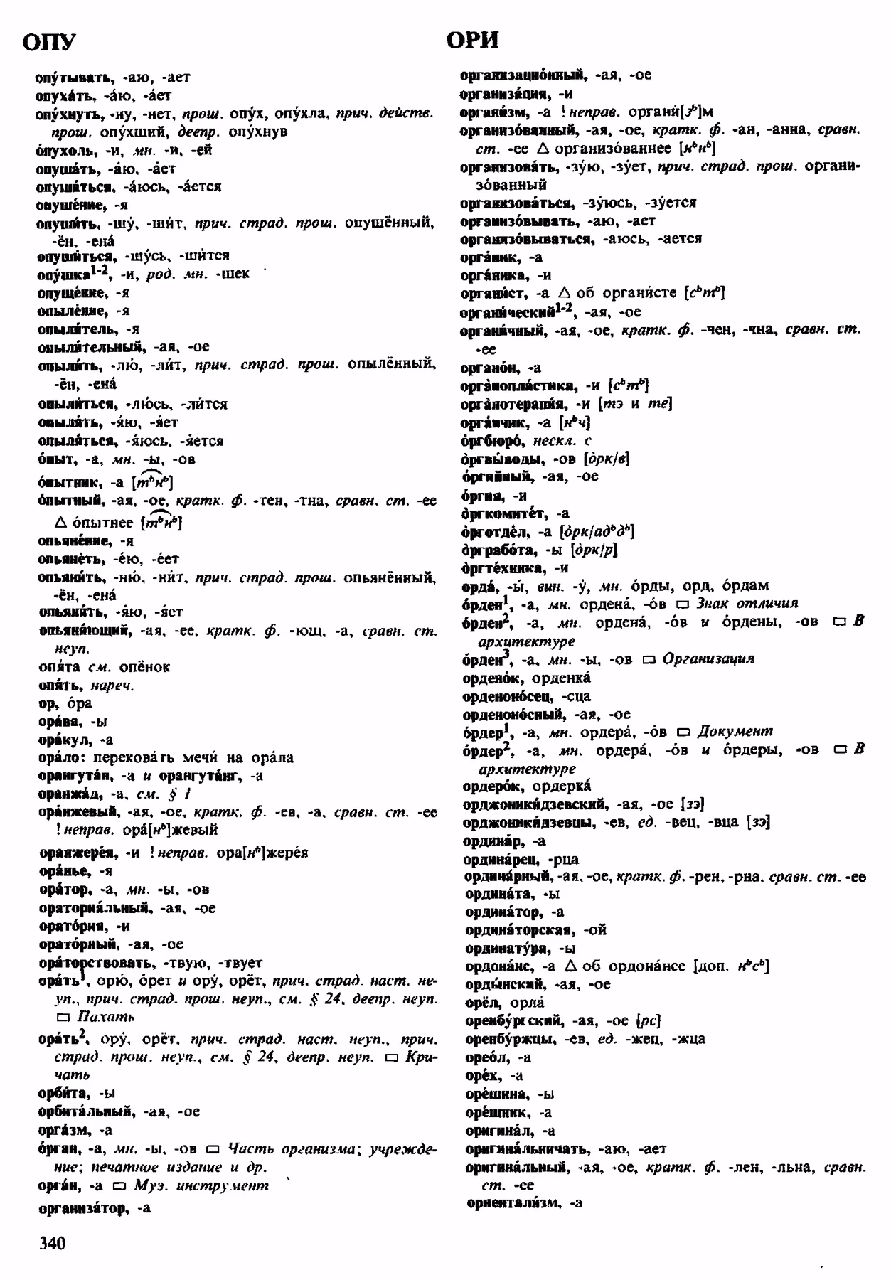 Скан печатной страницы 340 орфоэпического словаря Аванесова 1983 года с изображением текста