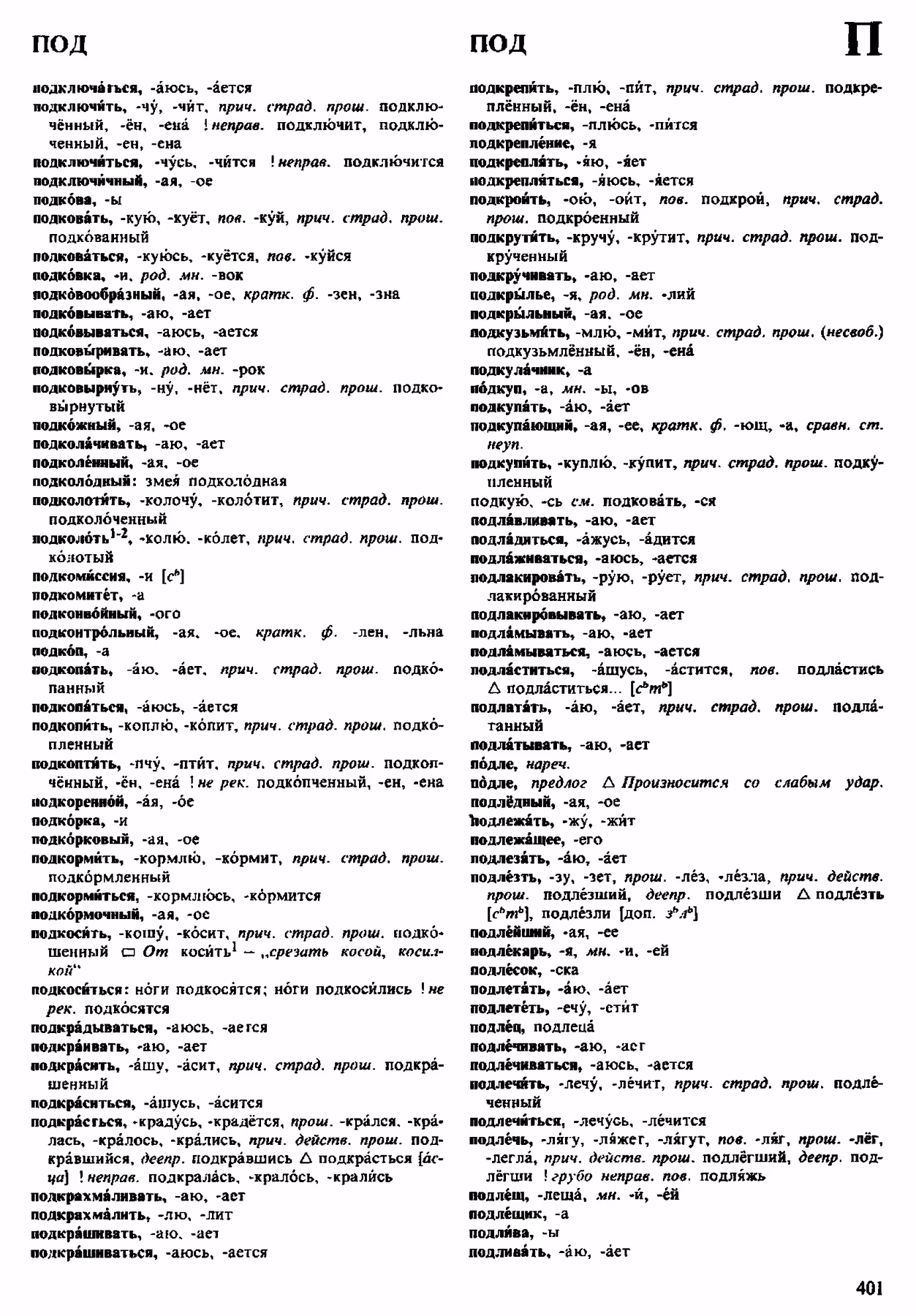 Скан печатной страницы 401 орфоэпического словаря Аванесова 1983 года с изображением текста