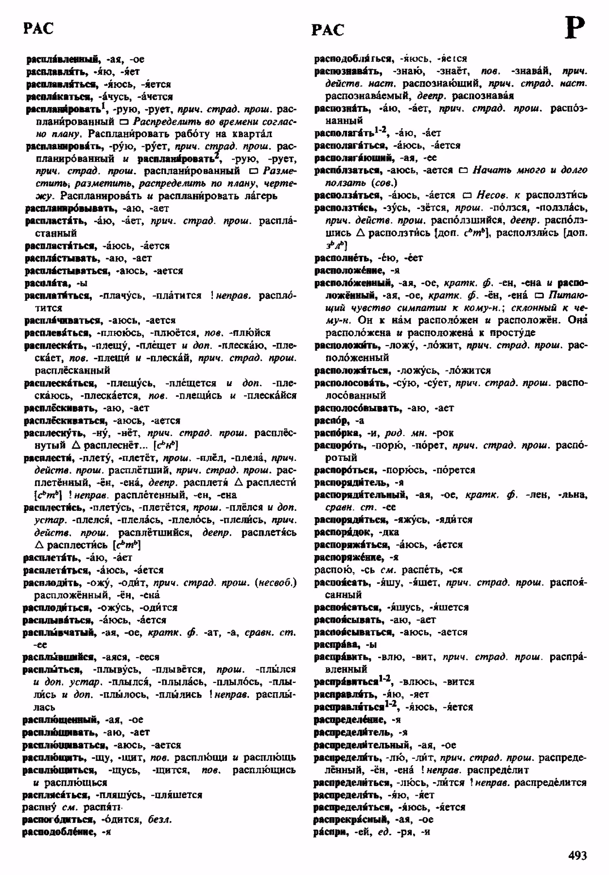 Скан печатной страницы 493 орфоэпического словаря Аванесова 1983 года с изображением текста