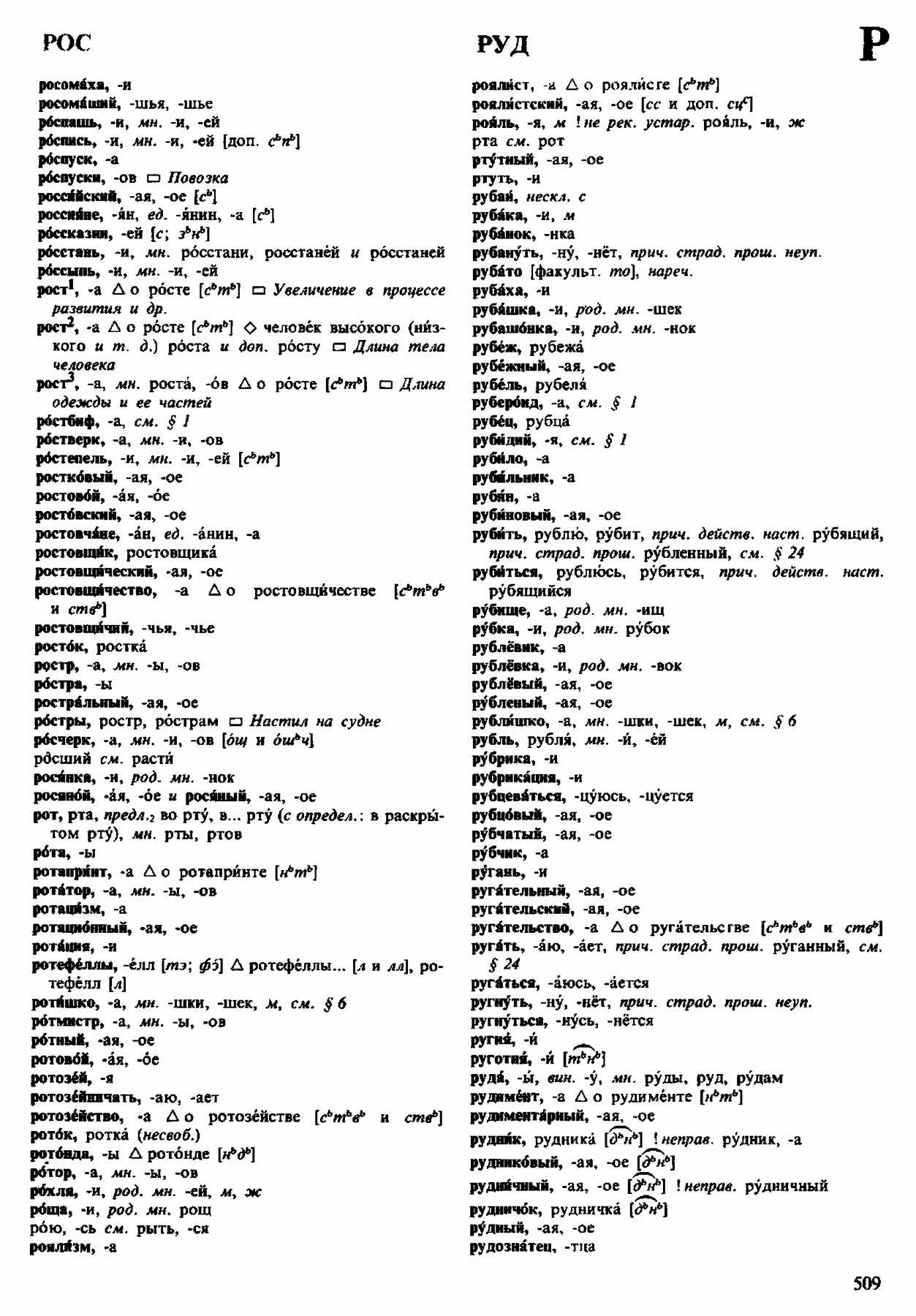 Скан печатной страницы 509 орфоэпического словаря Аванесова 1983 года с изображением текста