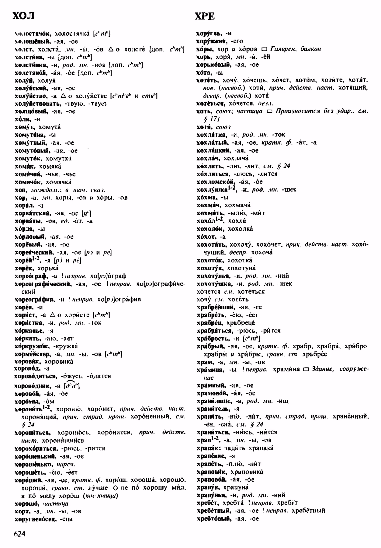 Скан печатной страницы 624 орфоэпического словаря Аванесова 1983 года с изображением текста