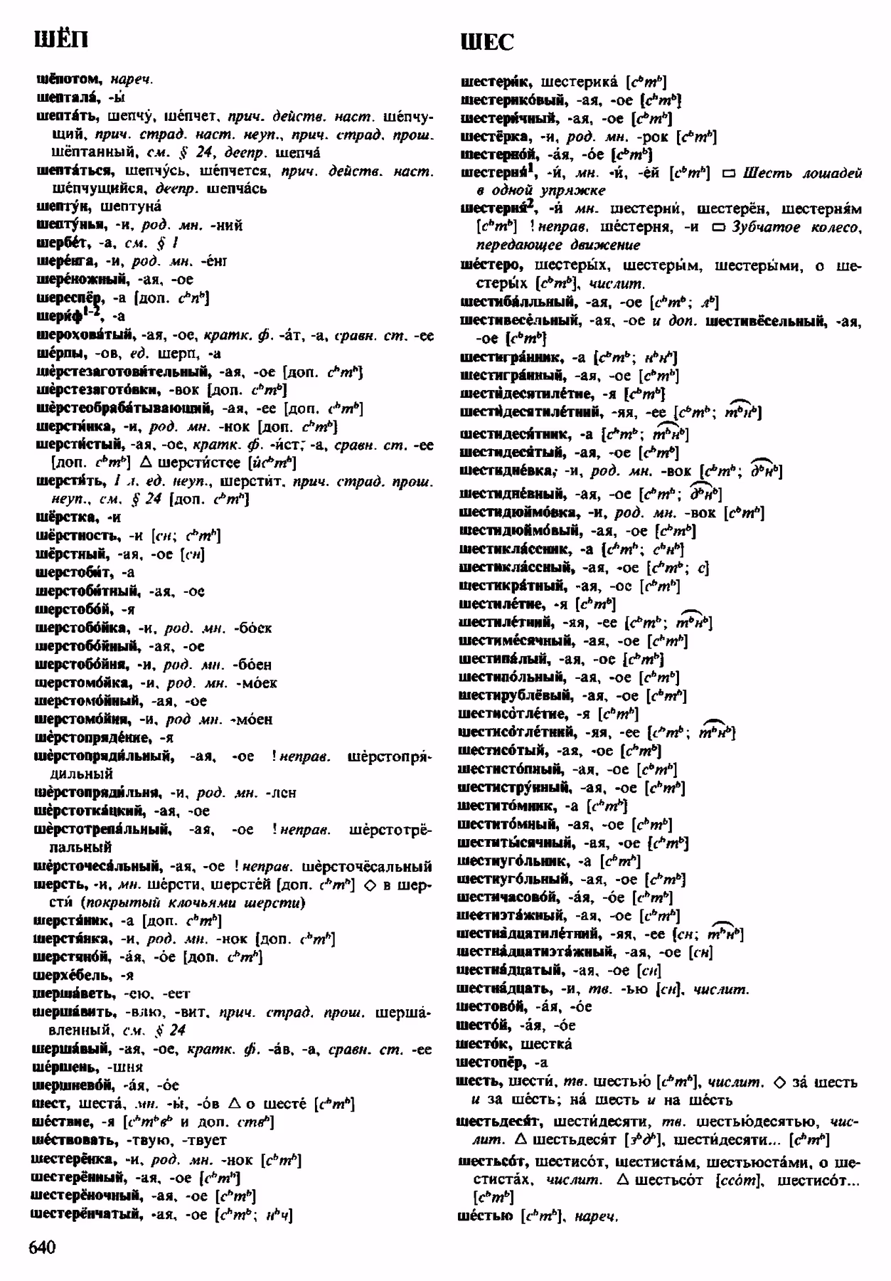 Скан печатной страницы 640 орфоэпического словаря Аванесова 1983 года с изображением текста