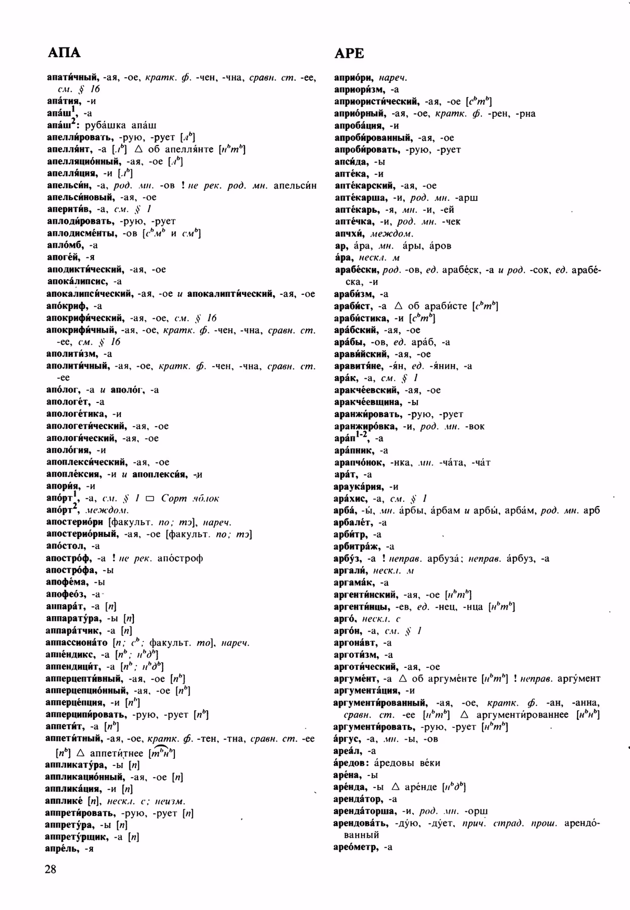 Скан печатной страницы 28 орфоэпического словаря Аванесова 1989 года с изображением текста