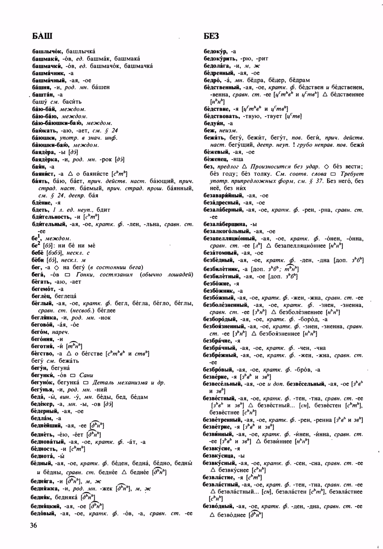 Скан печатной страницы 36 орфоэпического словаря Аванесова 1989 года с изображением текста