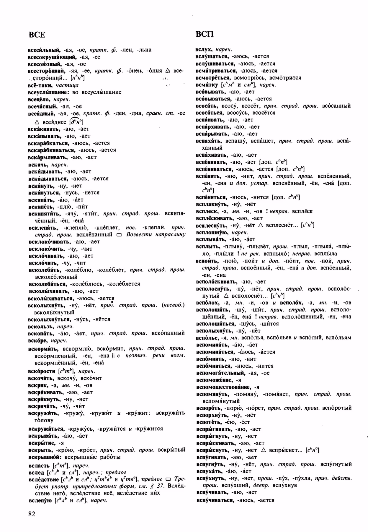 Скан печатной страницы 82 орфоэпического словаря Аванесова 1989 года с изображением текста