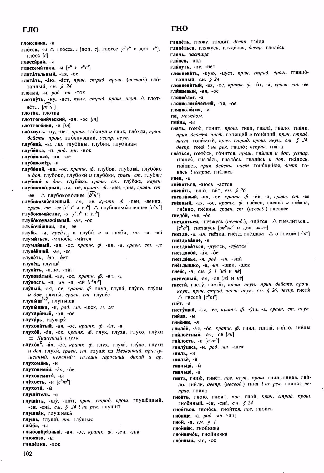 Скан печатной страницы 102 орфоэпического словаря Аванесова 1989 года с изображением текста