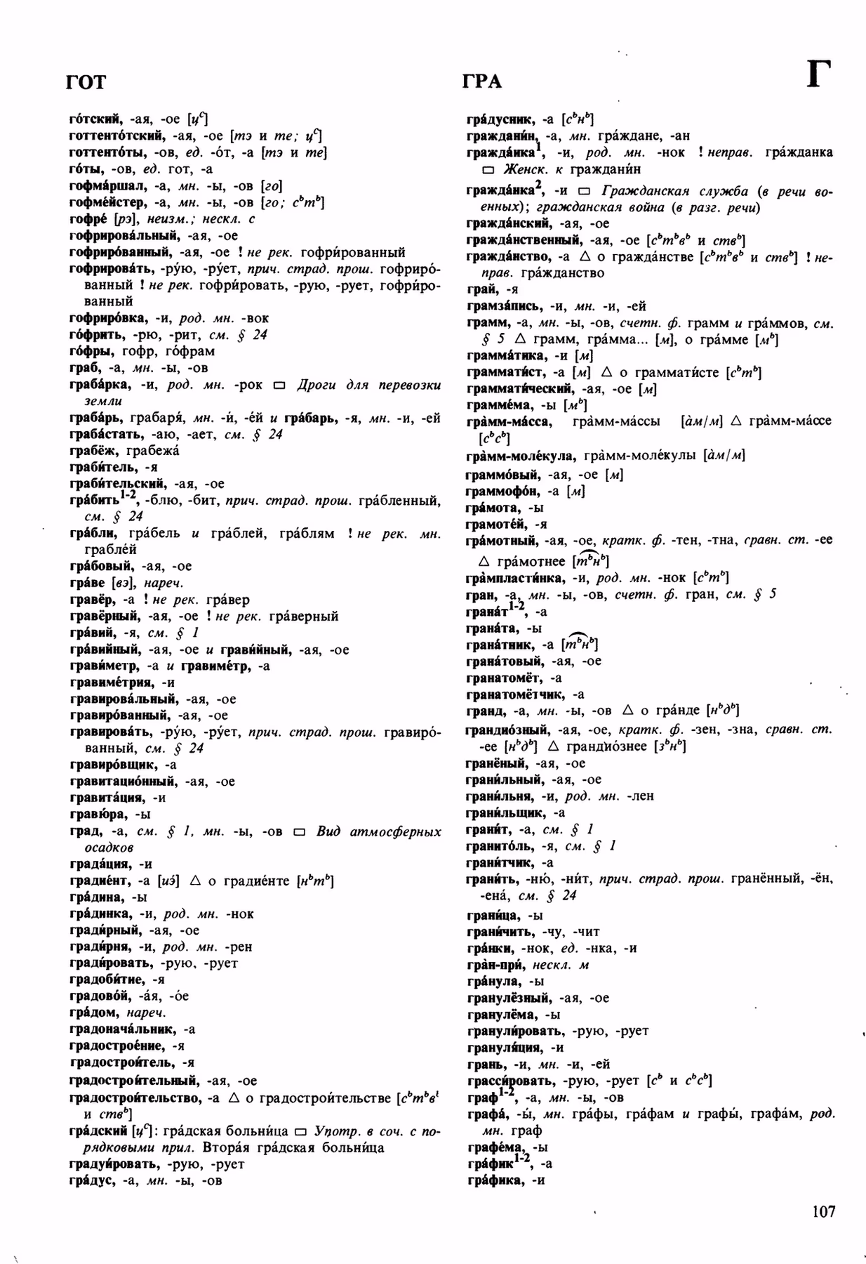 Скан печатной страницы 107 орфоэпического словаря Аванесова 1989 года с изображением текста