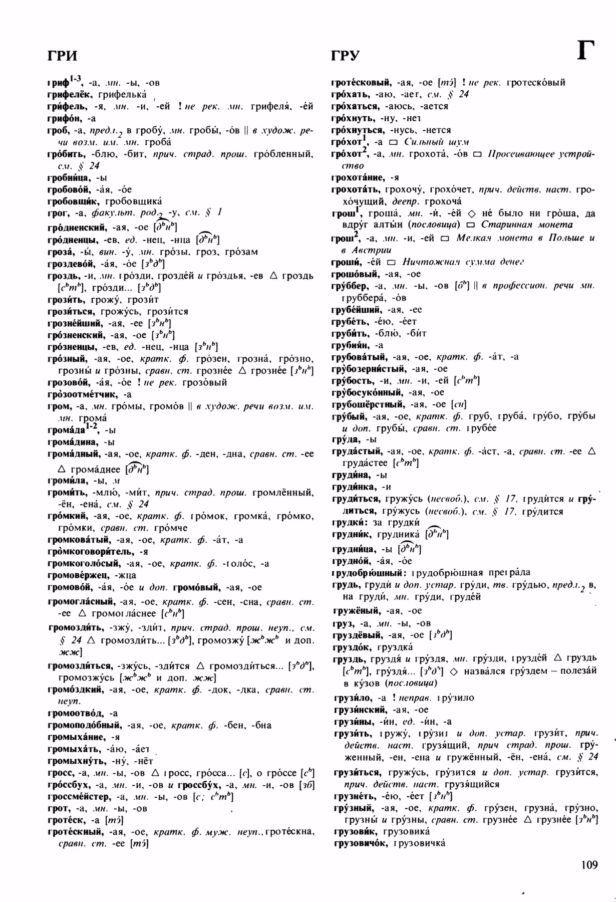 Скан печатной страницы 109 орфоэпического словаря Аванесова 1989 года с изображением текста