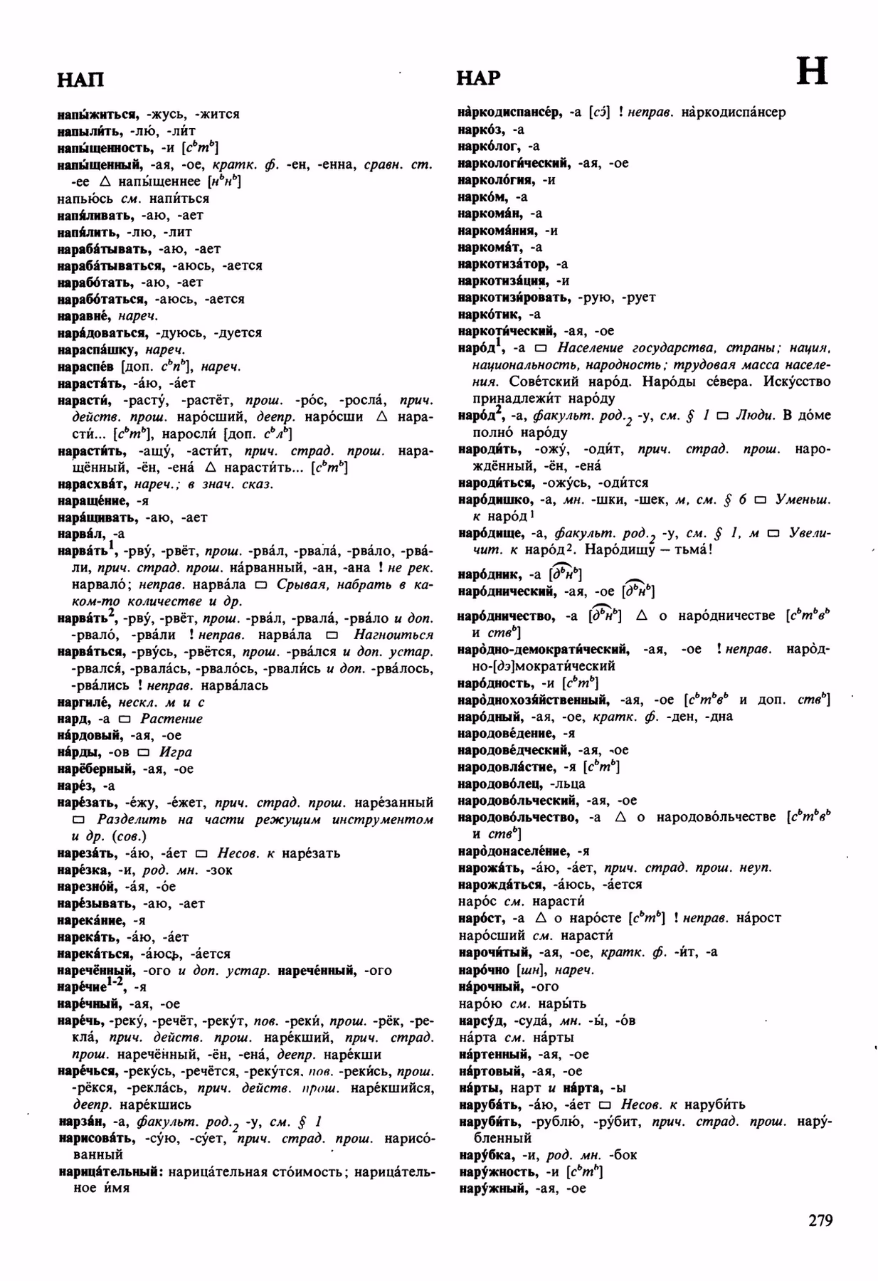Скан печатной страницы 279 орфоэпического словаря Аванесова 1989 года с изображением текста