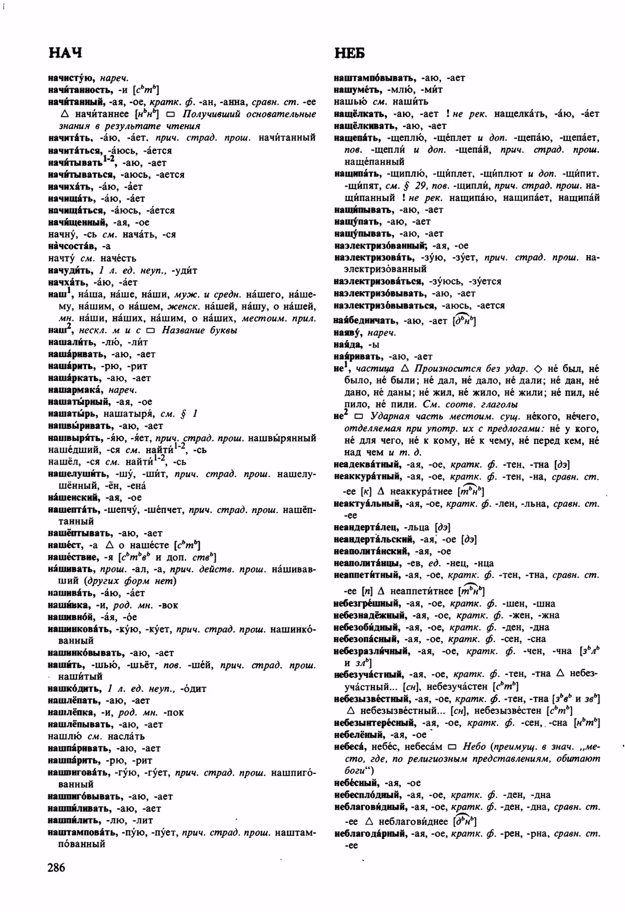 Скан печатной страницы 286 орфоэпического словаря Аванесова 1989 года с изображением текста