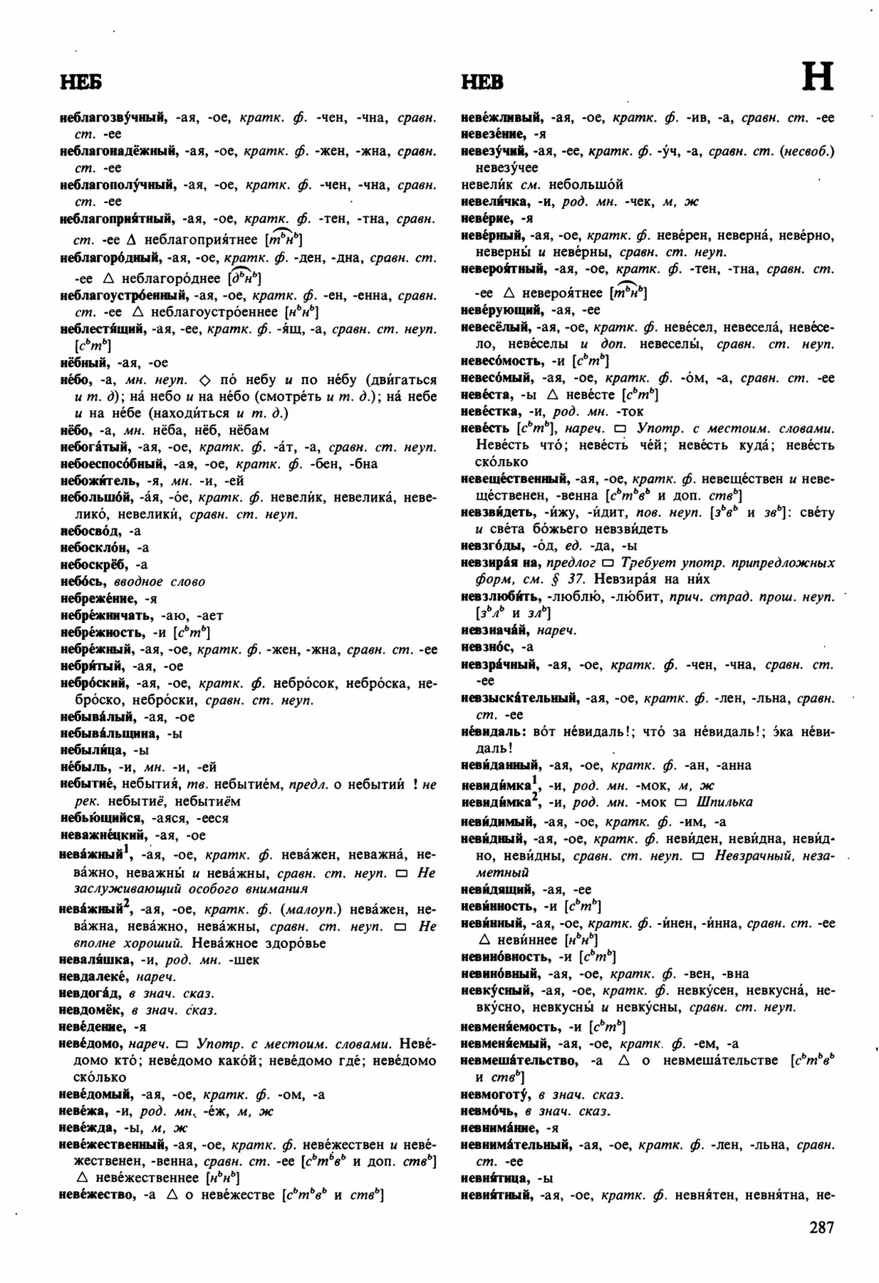Скан печатной страницы 287 орфоэпического словаря Аванесова 1989 года с изображением текста