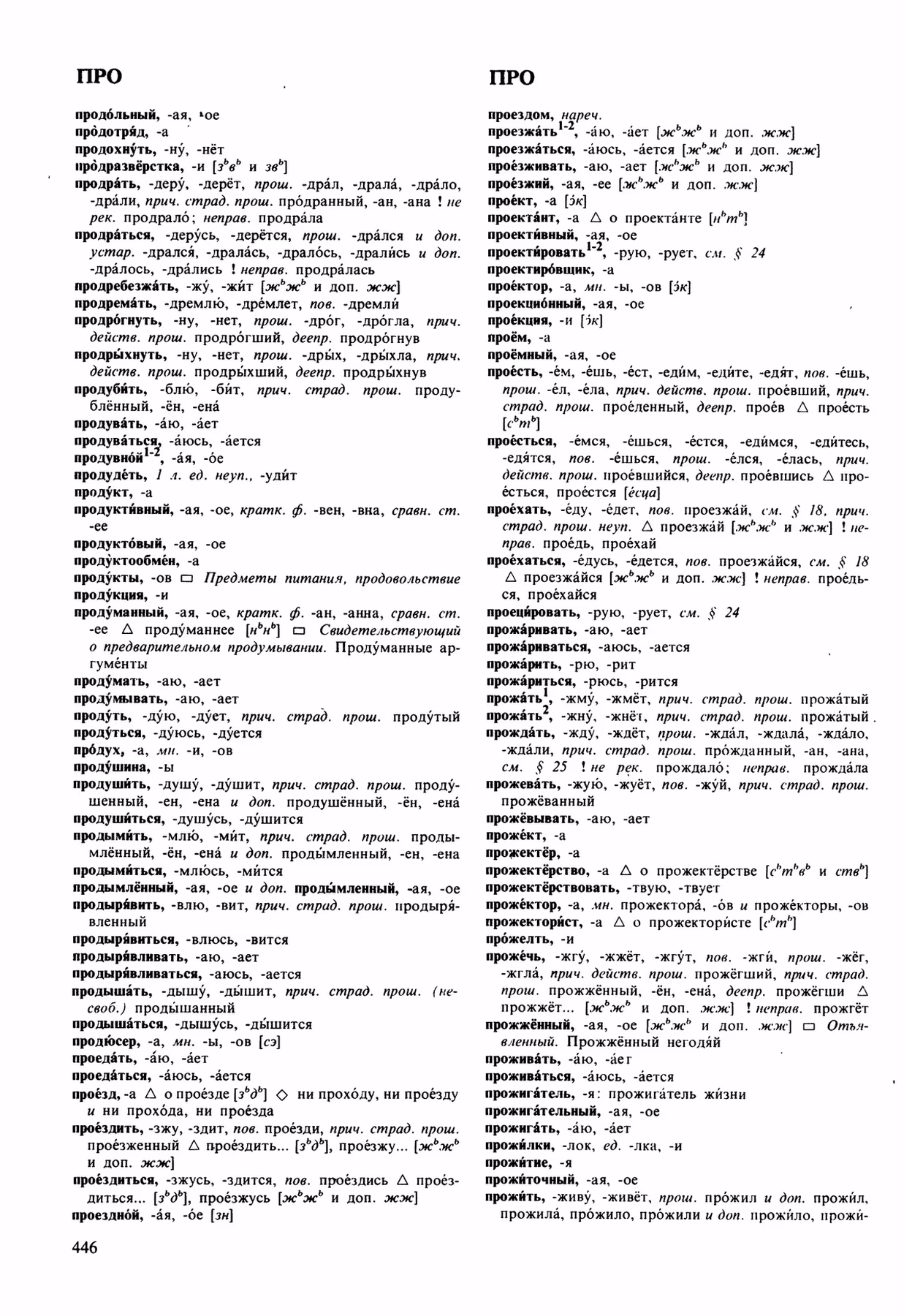 Скан печатной страницы 446 орфоэпического словаря Аванесова 1989 года с изображением текста