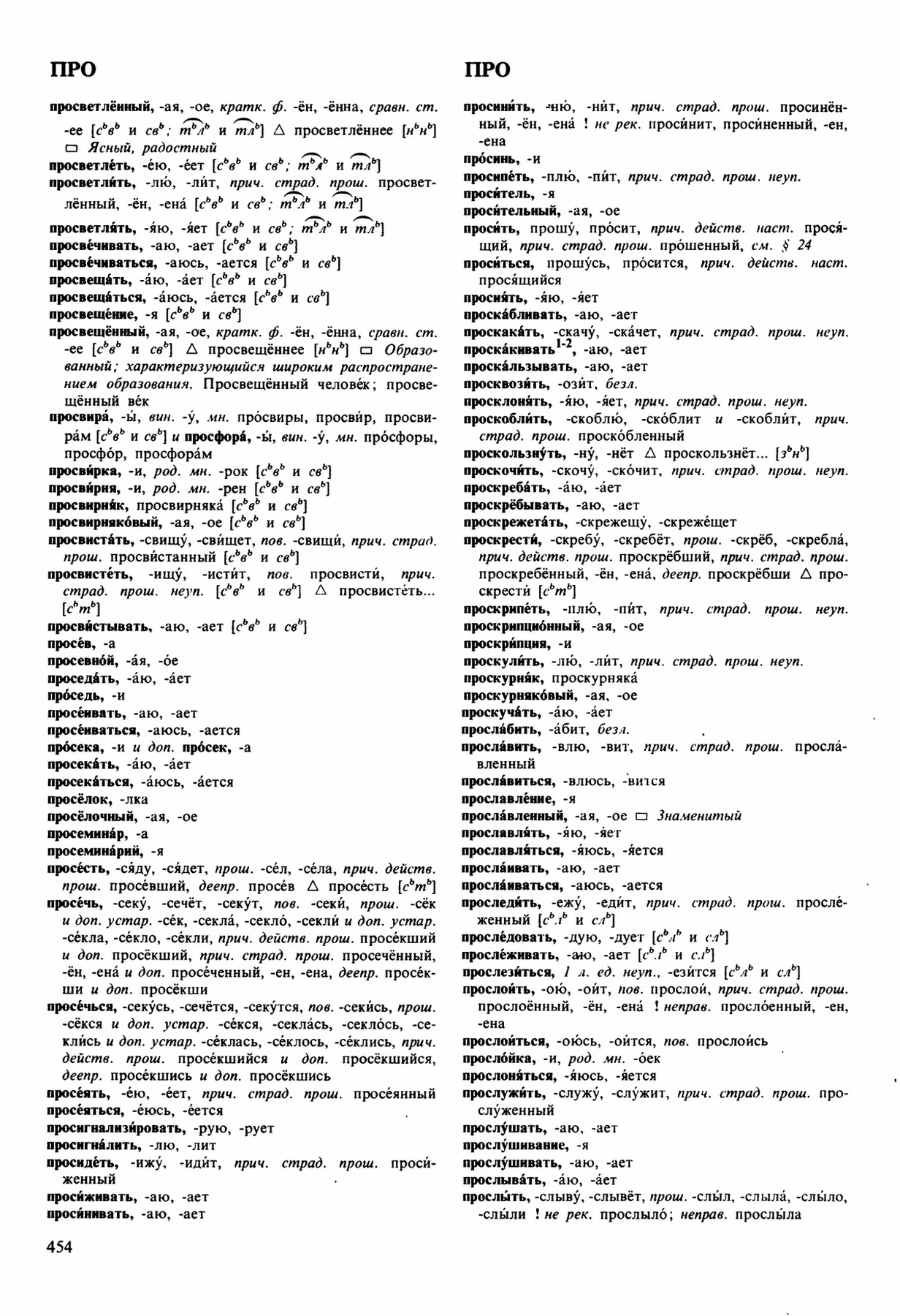 Скан печатной страницы 454 орфоэпического словаря Аванесова 1989 года с изображением текста