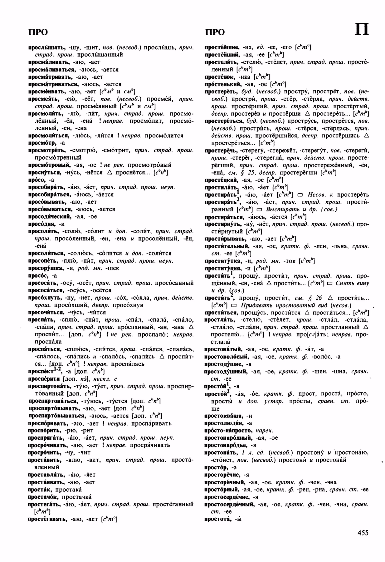 Скан печатной страницы 455 орфоэпического словаря Аванесова 1989 года с изображением текста