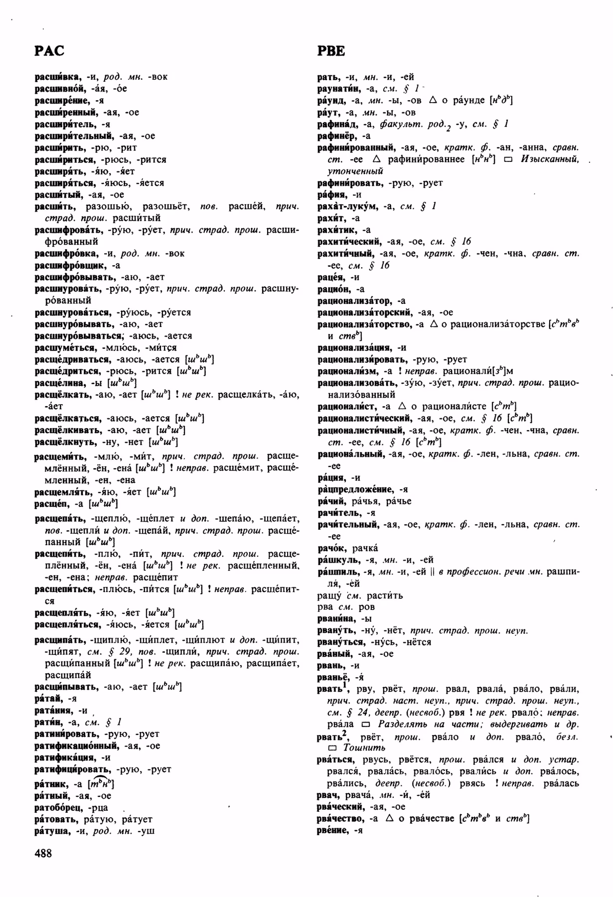 Скан печатной страницы 488 орфоэпического словаря Аванесова 1989 года с изображением текста