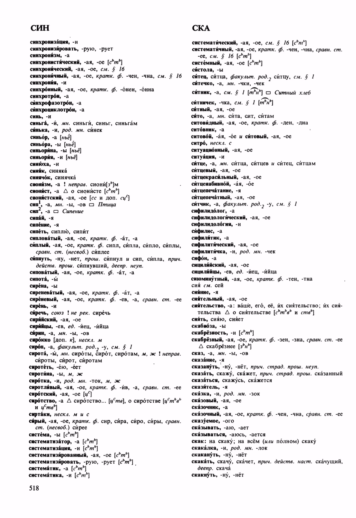 Скан печатной страницы 518 орфоэпического словаря Аванесова 1989 года с изображением текста