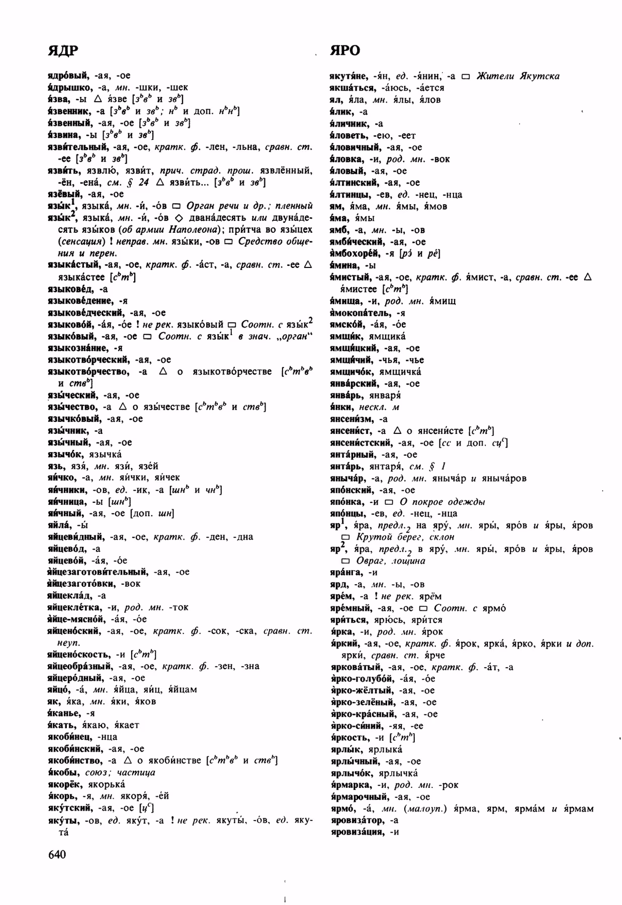 Скан печатной страницы 640 орфоэпического словаря Аванесова 1989 года с изображением текста