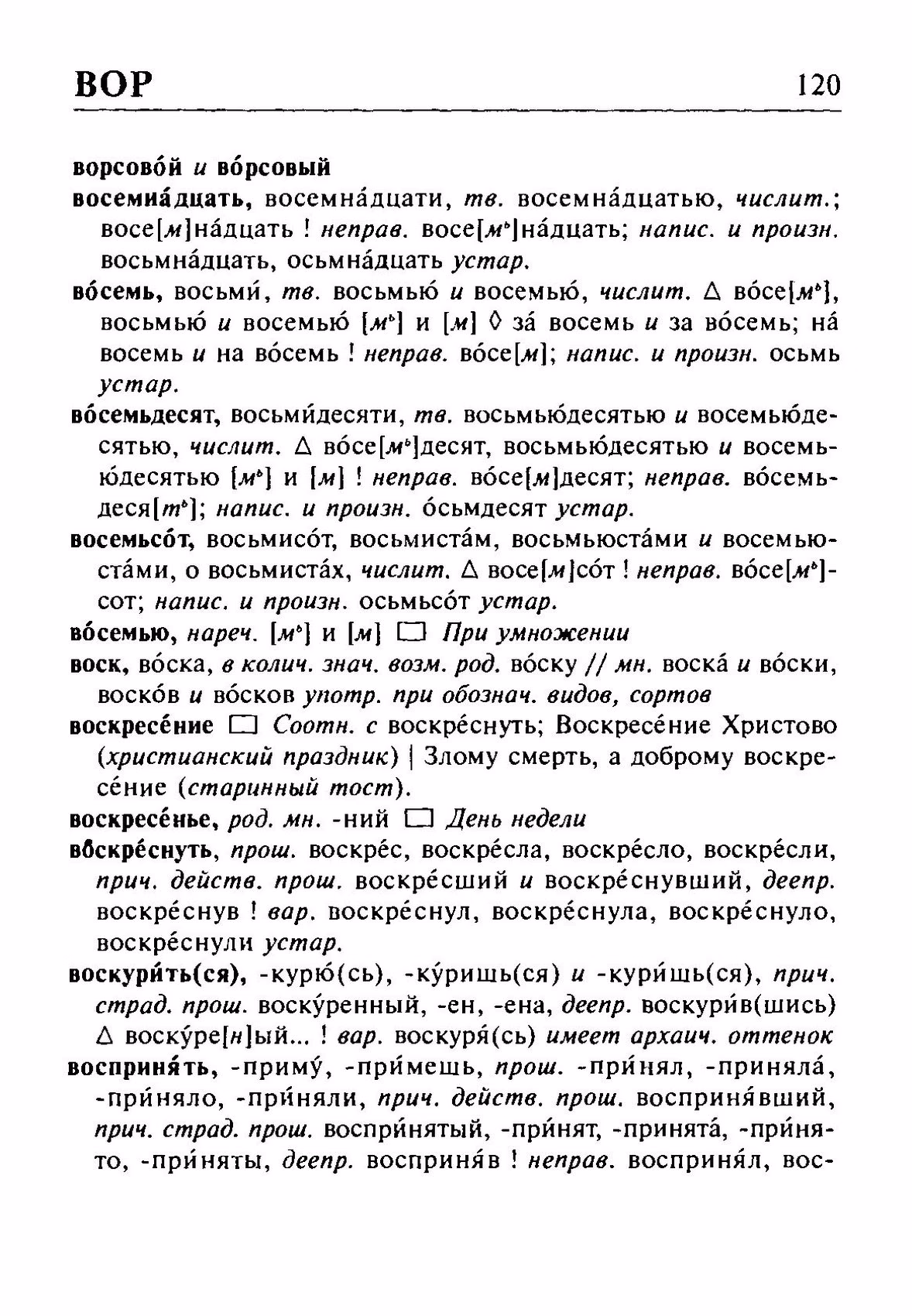 Скан печатной страницы 120 орфоэпического словаря Резниченко 2003 года с изображением текста