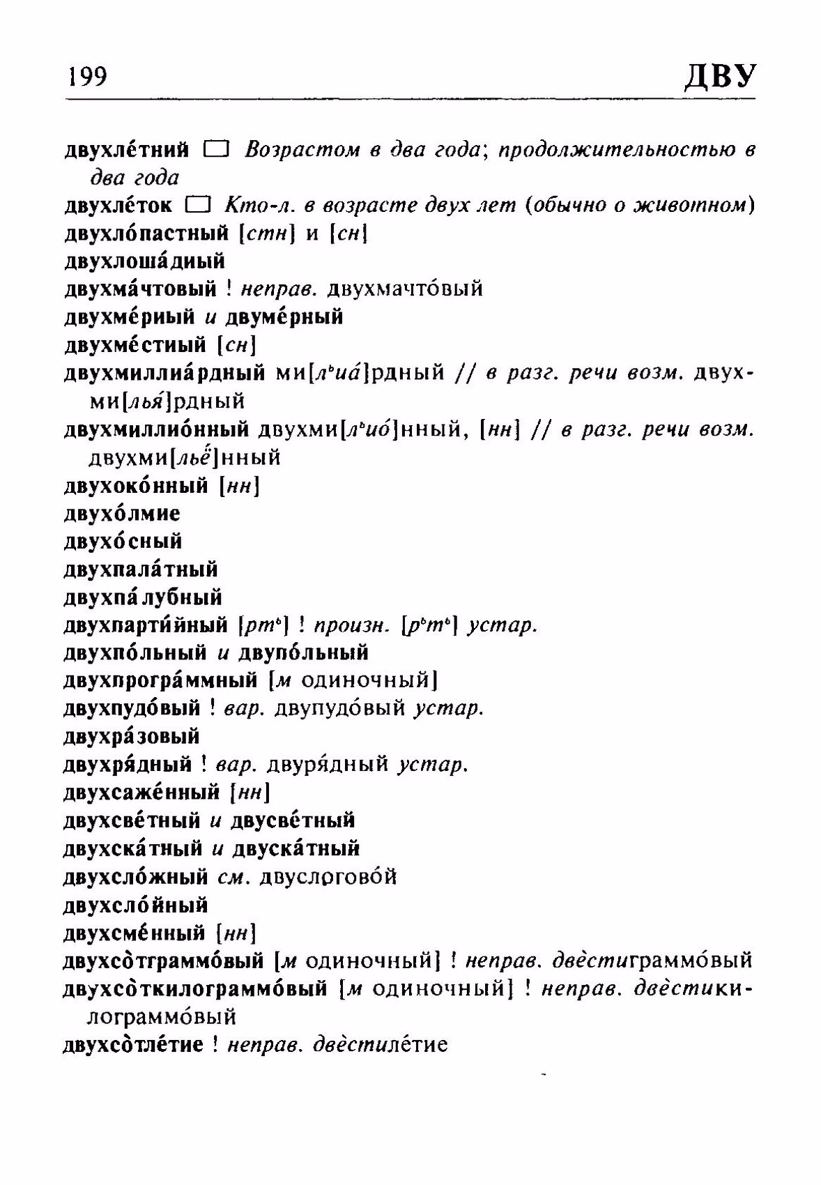 Скан печатной страницы 199 орфоэпического словаря Резниченко 2003 года с изображением текста
