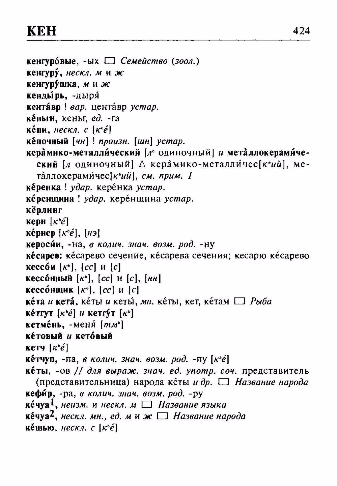 Скан печатной страницы 424 орфоэпического словаря Резниченко 2003 года с изображением текста