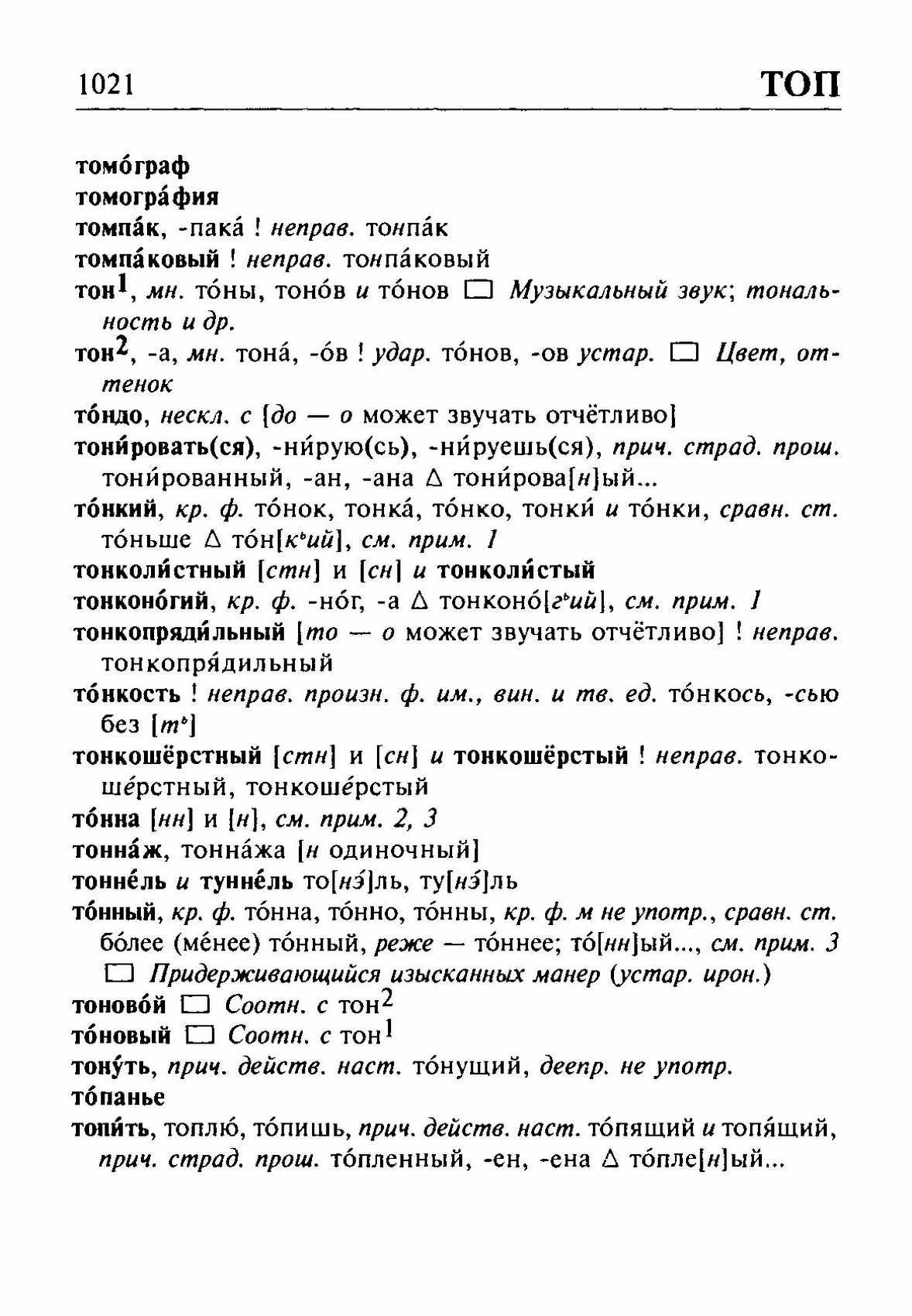 Скан печатной страницы 1021 орфоэпического словаря Резниченко 2003 года с изображением текста