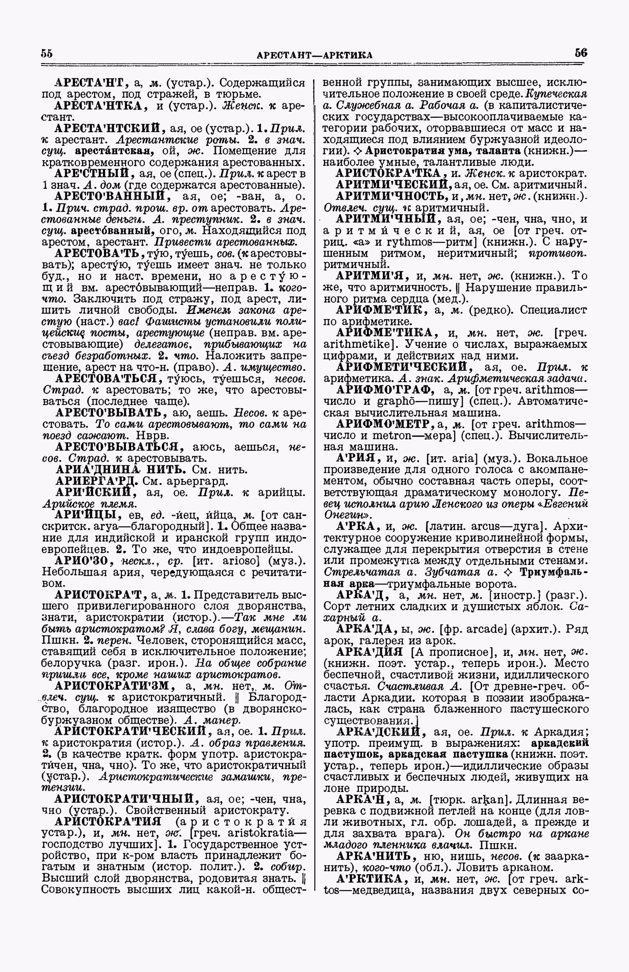 Скан печатной страницы 66 (cтолбцы 55–56) первого тома толкового словаря Ушакова 1935 года с изображением текста