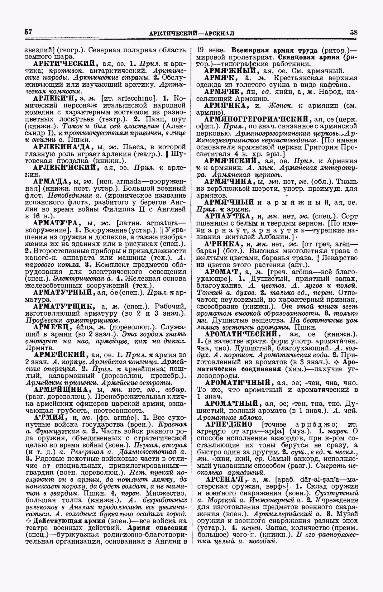 Скан печатной страницы 67 (cтолбцы 57–58) первого тома толкового словаря Ушакова 1935 года с изображением текста